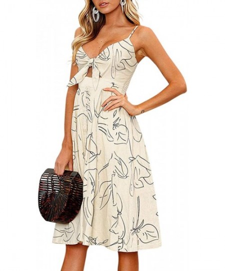 Cover-Ups Womens Boho Summer Dresses Floral Spaghetti Strap V Neck Tie Front Swing Midi Dress - Apricot - CD18URT0STT