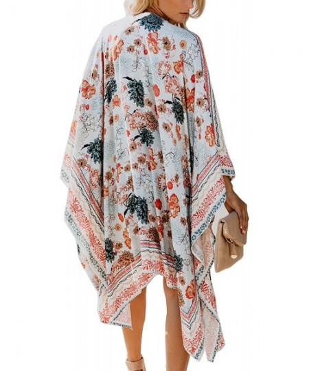 Cover-Ups Women's Chiffon Blouse Loose Tops Beach Kimono Floral Print Cardigan - T29 - C118M8AQTA0