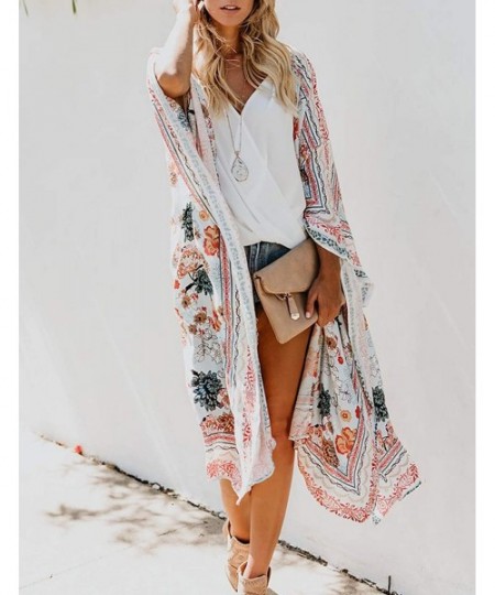 Cover-Ups Women's Chiffon Blouse Loose Tops Beach Kimono Floral Print Cardigan - T29 - C118M8AQTA0