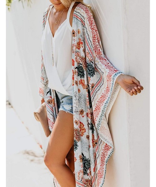 Cover-Ups Women's Chiffon Blouse Loose Tops Beach Kimono Floral Print Cardigan - T29 - C118M8AQTA0