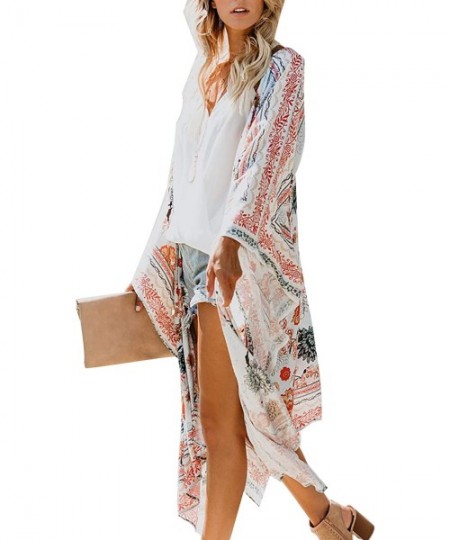 Cover-Ups Women's Chiffon Blouse Loose Tops Beach Kimono Floral Print Cardigan - T29 - C118M8AQTA0