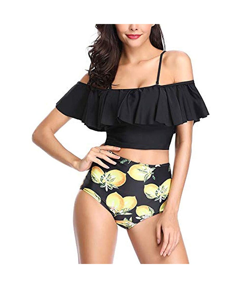 Racing Women Two Piece Swimsuits Tankinis Swimwear Off Shoulder Ruffled Crop Bikini Top with High Waist Boho Print Bottoms - ...