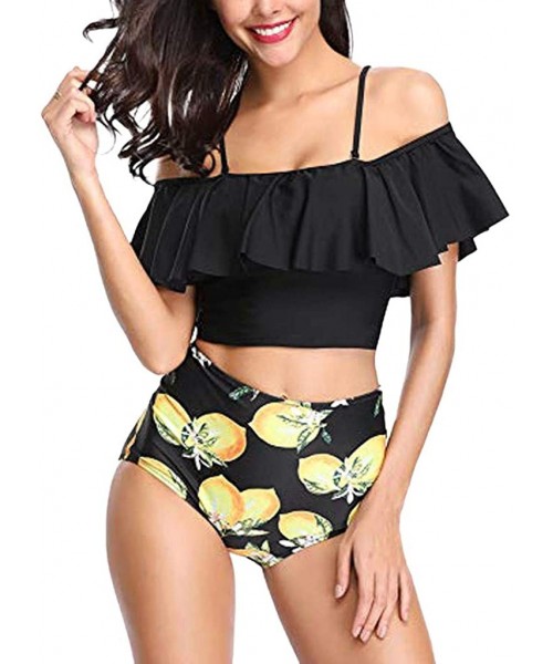 Racing Women Two Piece Swimsuits Tankinis Swimwear Off Shoulder Ruffled Crop Bikini Top with High Waist Boho Print Bottoms - ...