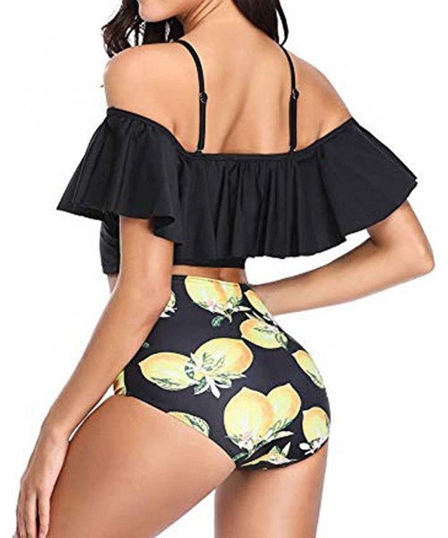 Racing Women Two Piece Swimsuits Tankinis Swimwear Off Shoulder Ruffled Crop Bikini Top with High Waist Boho Print Bottoms - ...