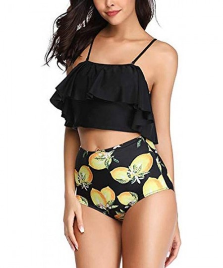 Racing Women Two Piece Swimsuits Tankinis Swimwear Off Shoulder Ruffled Crop Bikini Top with High Waist Boho Print Bottoms - ...