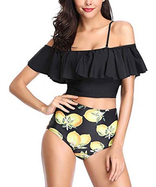 Racing Women Two Piece Swimsuits Tankinis Swimwear Off Shoulder Ruffled Crop Bikini Top with High Waist Boho Print Bottoms - ...