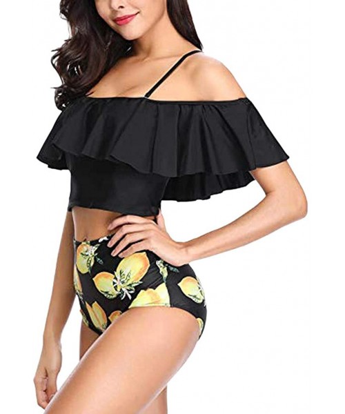 Racing Women Two Piece Swimsuits Tankinis Swimwear Off Shoulder Ruffled Crop Bikini Top with High Waist Boho Print Bottoms - ...