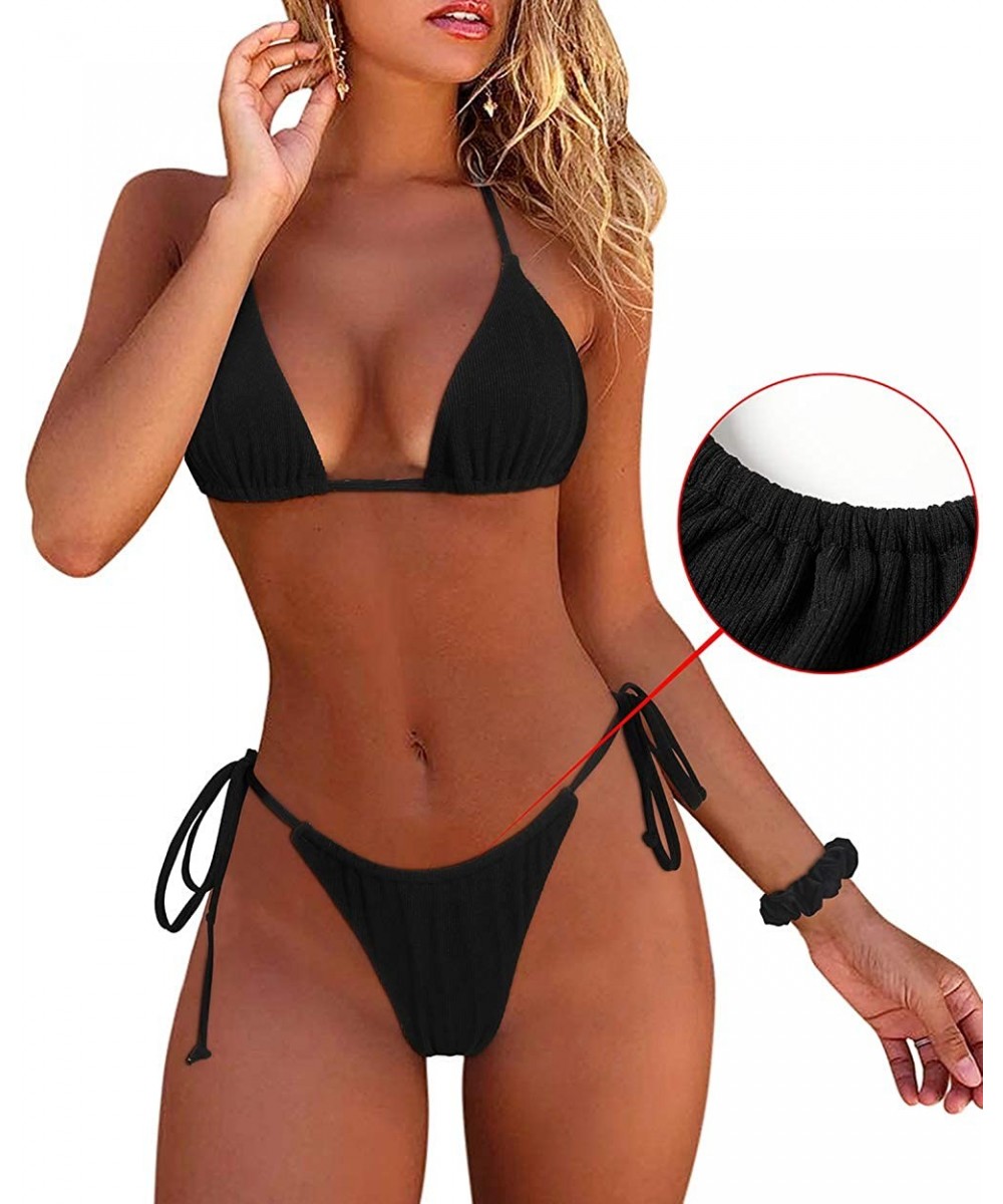 Sets Women Sexy Brazilian Bikini 2 Piece Spaghetti Strap Top Thong Swimsuit Bathing Suit - Black-4 - C519CD0YUHL