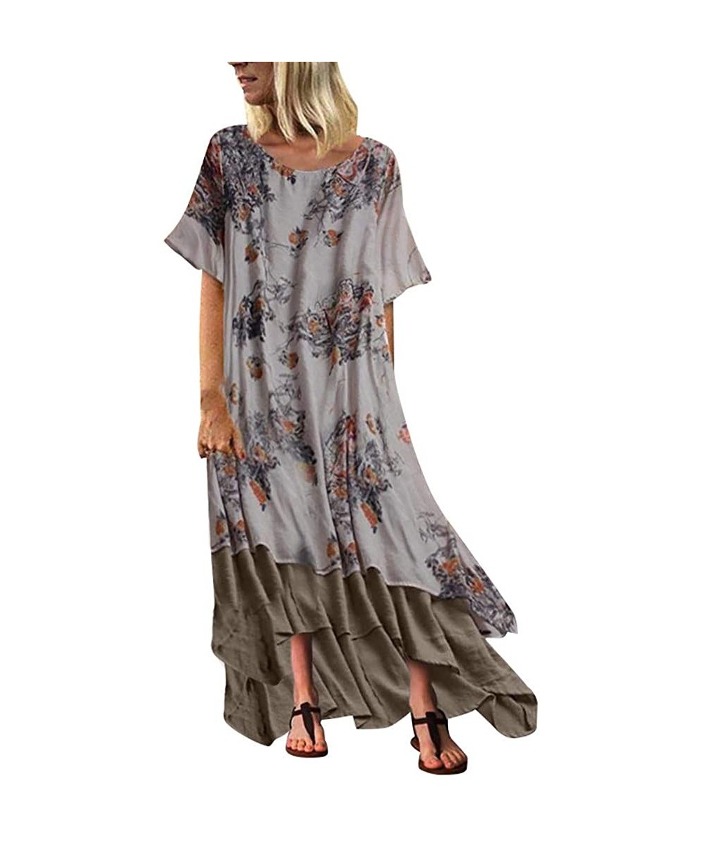 Rash Guards Women Plus Size Bohemian O-Neck Floral Print Vintage Sleeveless Long Maxi Dress - A-gray - C818W7YUIU4