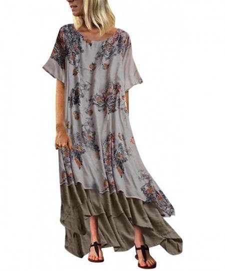 Rash Guards Women Plus Size Bohemian O-Neck Floral Print Vintage Sleeveless Long Maxi Dress - A-gray - C818W7YUIU4