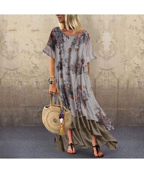 Rash Guards Women Plus Size Bohemian O-Neck Floral Print Vintage Sleeveless Long Maxi Dress - A-gray - C818W7YUIU4