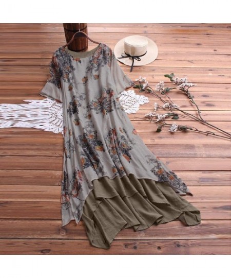 Rash Guards Women Plus Size Bohemian O-Neck Floral Print Vintage Sleeveless Long Maxi Dress - A-gray - C818W7YUIU4