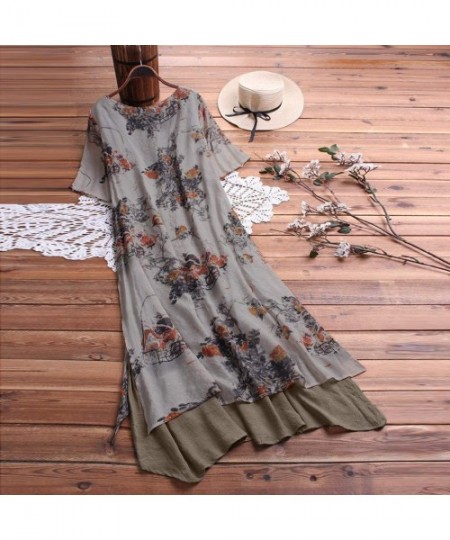 Rash Guards Women Plus Size Bohemian O-Neck Floral Print Vintage Sleeveless Long Maxi Dress - A-gray - C818W7YUIU4