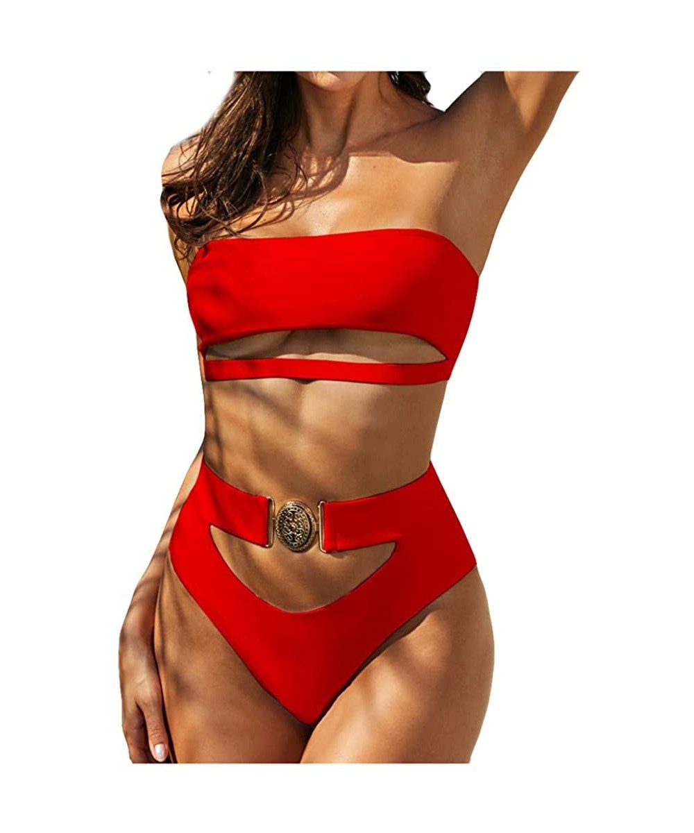 Sets Sexy Two Piece Swimsuit for Women Cut Out Bikini Set high Waisted Bandeau Bathing Suit - Red - CT19738366C