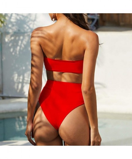 Sets Sexy Two Piece Swimsuit for Women Cut Out Bikini Set high Waisted Bandeau Bathing Suit - Red - CT19738366C