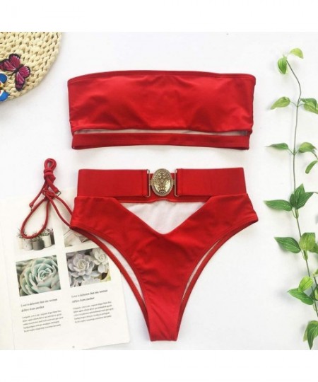 Sets Sexy Two Piece Swimsuit for Women Cut Out Bikini Set high Waisted Bandeau Bathing Suit - Red - CT19738366C