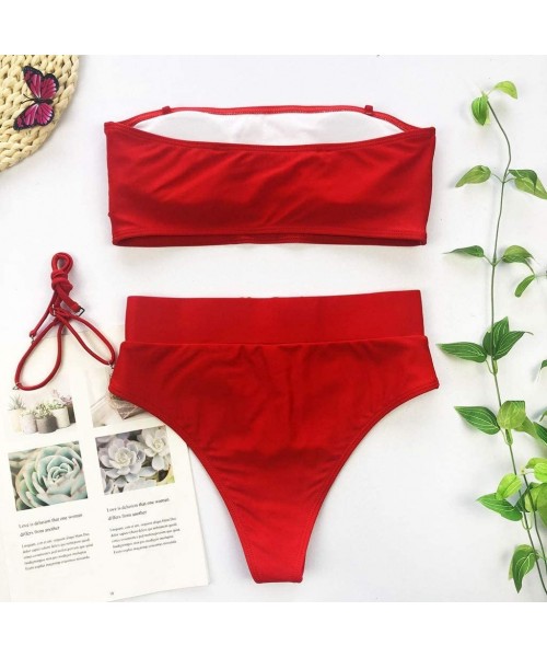 Sets Sexy Two Piece Swimsuit for Women Cut Out Bikini Set high Waisted Bandeau Bathing Suit - Red - CT19738366C