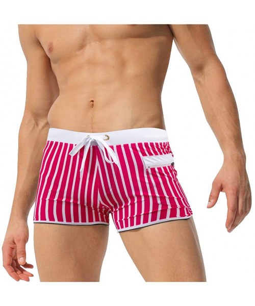 Briefs Men's Swim Trunk High Waist Surfing Shorts Tights Elastic Waist Swimming Brief Fashion Striped Swimpants - Red - CJ196...