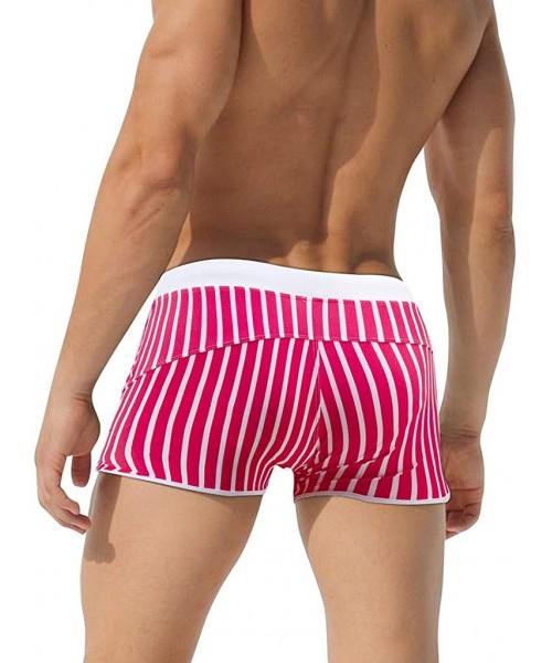 Briefs Men's Swim Trunk High Waist Surfing Shorts Tights Elastic Waist Swimming Brief Fashion Striped Swimpants - Red - CJ196...