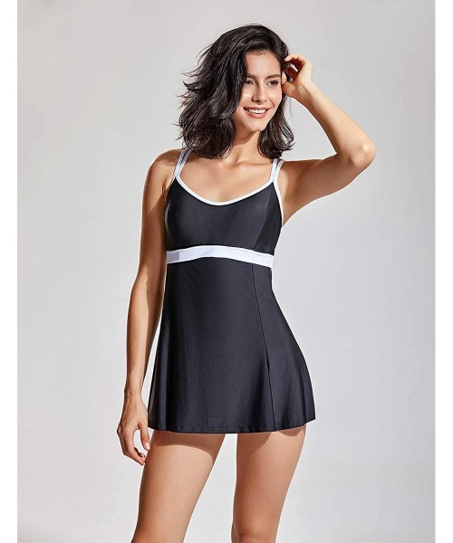 One-Pieces Women's Criss Cross One Piece Swimdress Modest Skirted Bathing Suit - Black - C718NKLWQ28