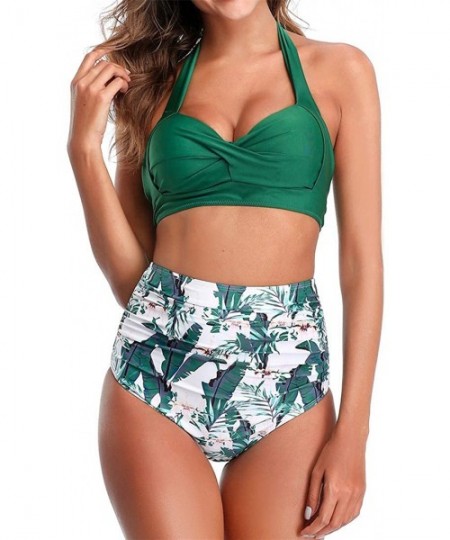 Sets Women's Padded Two Piece Swimsuit Floral Printed Vintage Bikini Push-up High Waist - Green Leaf - C619C4MRTX3