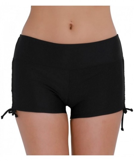 Board Shorts Women's Sporty Adjustable Ties Swim Briefs Boy Leg Fully Lined Bikini Bottoms Board Shorts - Black - C718EIIUTMI