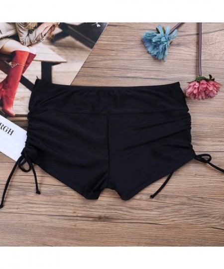 Board Shorts Women's Sporty Adjustable Ties Swim Briefs Boy Leg Fully Lined Bikini Bottoms Board Shorts - Black - C718EIIUTMI