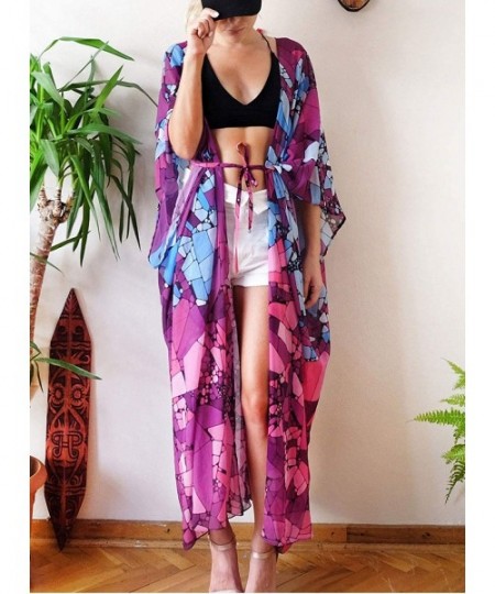 Cover-Ups Womens Chiffon/Rayon Beach Blouses Kimono Cardigan Long Bikini Cover Up - Marble - CZ18QHE3DZ4