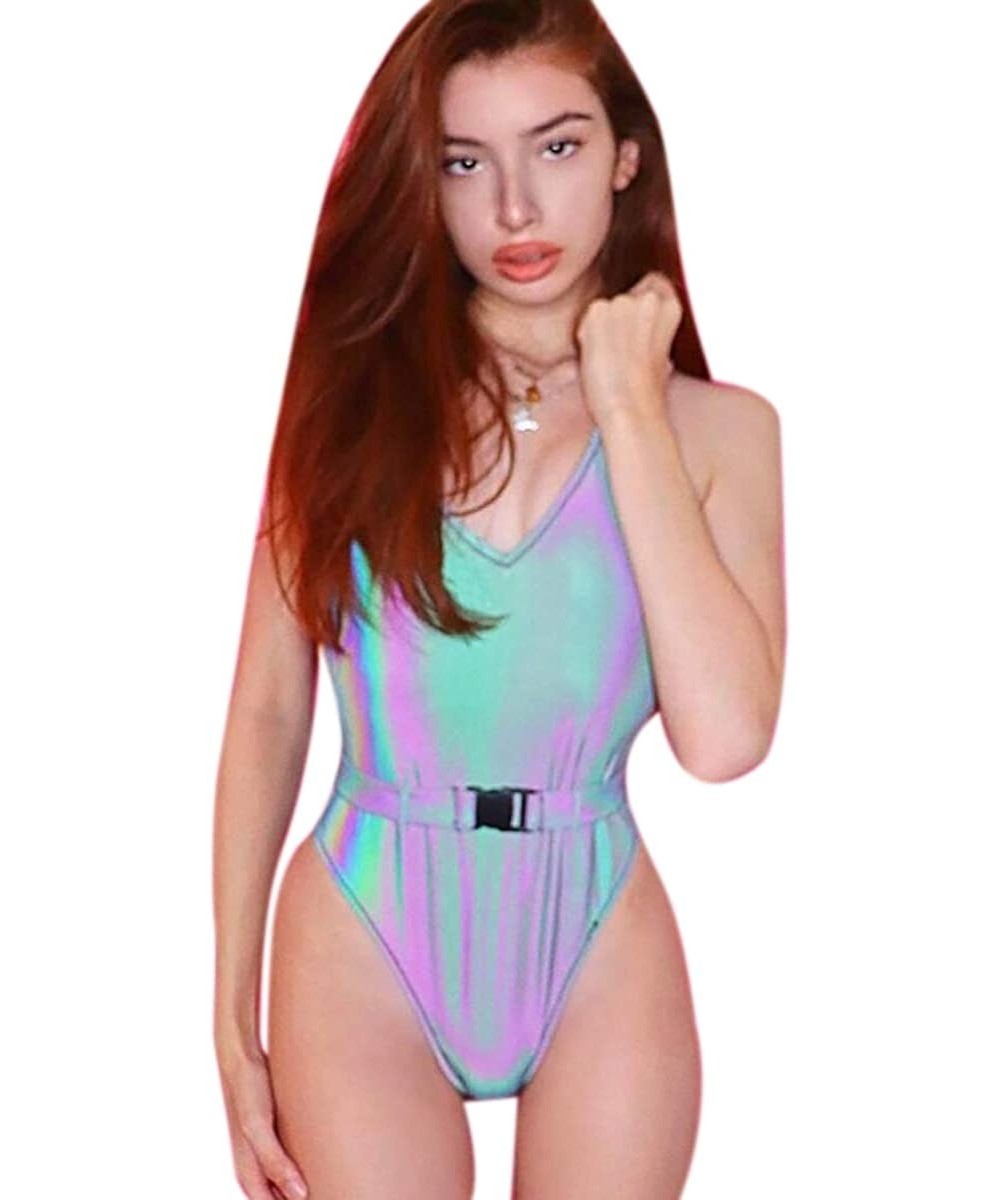 One-Pieces Women's Sexy Reflective Deep V Neck Bodysuit One Piece Backless Swimsuit Monikini Bathing Suit for Rave Party Fest...