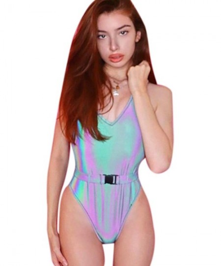 One-Pieces Women's Sexy Reflective Deep V Neck Bodysuit One Piece Backless Swimsuit Monikini Bathing Suit for Rave Party Fest...