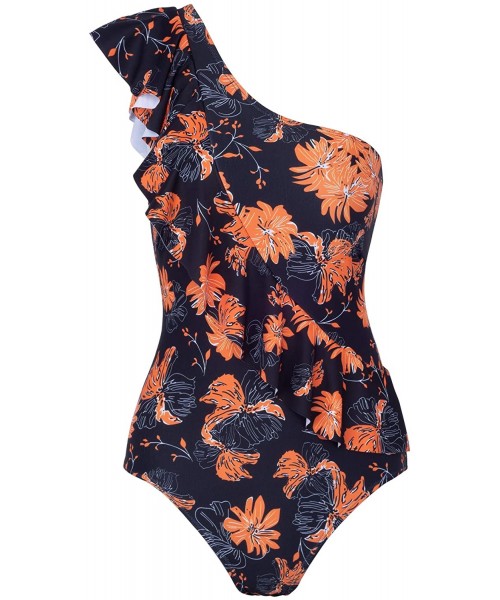 One-Pieces Women One Piece Swimsuit Ruffle Printed Monokini Tummy Control Bathing Suit - Black Flower - CY18S7NO2RC