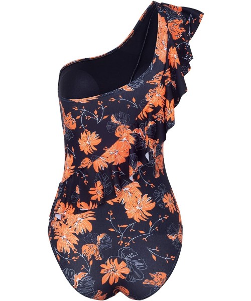 One-Pieces Women One Piece Swimsuit Ruffle Printed Monokini Tummy Control Bathing Suit - Black Flower - CY18S7NO2RC