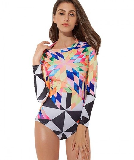 One-Pieces Women One Piece Rashguard Long Sleeve Swimsuit High Cut Floral Zipper Bodysuit Surfing Swimwear Beachwear Multi co...