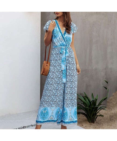 Cover-Ups Turndown Collar Short Sleeve Maxi Dress for Women V Neck Vertical Stripes Full Button Pockets Long Maxi Dresses Z1 ...