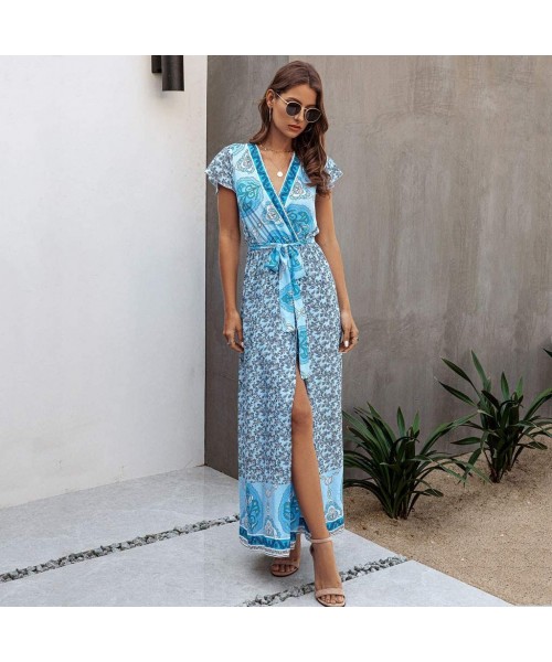 Cover-Ups Turndown Collar Short Sleeve Maxi Dress for Women V Neck Vertical Stripes Full Button Pockets Long Maxi Dresses Z1 ...