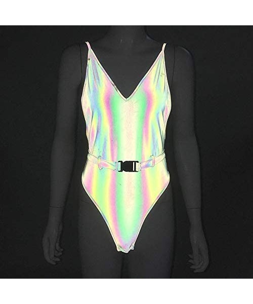 One-Pieces Women's Sexy Reflective Deep V Neck Bodysuit One Piece Backless Swimsuit Monikini Bathing Suit for Rave Party Fest...