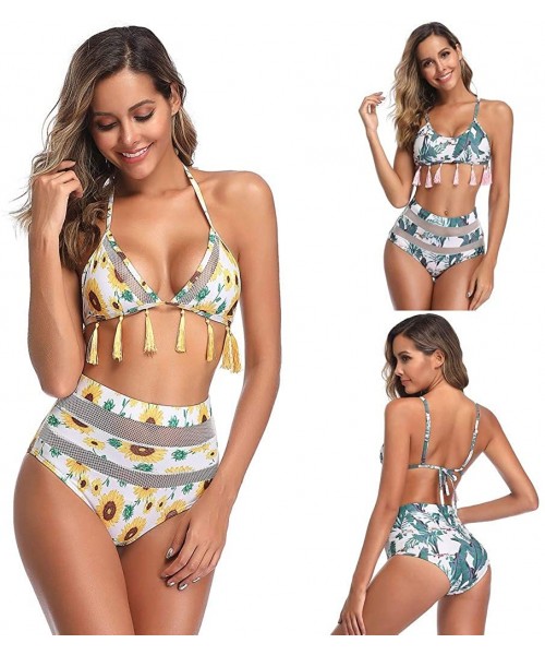 Sets Women Two-Piece Swimsuit Stripe Flower Tassel Mesh Bandage Bikini Set Beachwear - Yellow - CJ18EE3ND45