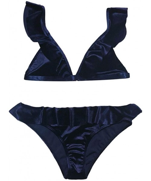 Sets Swimwear for Womens- Sexy Swimming Solid Ruffled 2 Pieces Bathing Suit Beachwear Swimsuit Sets Bikini - Navy - C818NI3OW2D