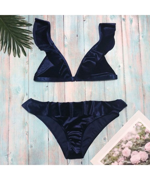 Sets Swimwear for Womens- Sexy Swimming Solid Ruffled 2 Pieces Bathing Suit Beachwear Swimsuit Sets Bikini - Navy - C818NI3OW2D