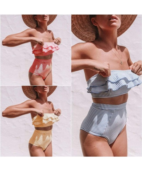 Sets Women Split Irregular Striped Ruffled Strapless High Waist Swimsuits Bikini Set - Striped Red - C218TWUADAT