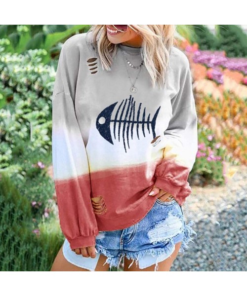 Cover-Ups Blouses for Womens Gradient Patchwork Color Block Long Sleeve Crew Neck Hollow Out Tshirt Tops Sweatshirt 3 Red - C...