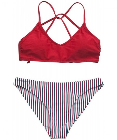 Sets Women's Reversible Design Strappy Cross Back Padding Bikini - Red/Blue - C218NS0WG3S