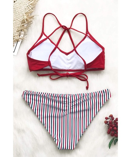 Sets Women's Reversible Design Strappy Cross Back Padding Bikini - Red/Blue - C218NS0WG3S