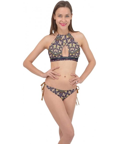 Racing Womens Bathing Suit Vintage Aztec Indigo Floral Cross Front Halter Bikini Set- XS-3XL - Dark Purple - C718TI4D73N