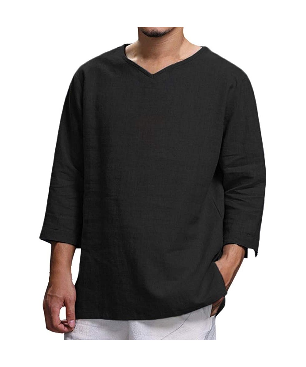 Rash Guards Men's Shirts Summer New Pure Color Cotton and Linen Hemp Top Comfortable Blouse Top - Black - CD18WLQN33U