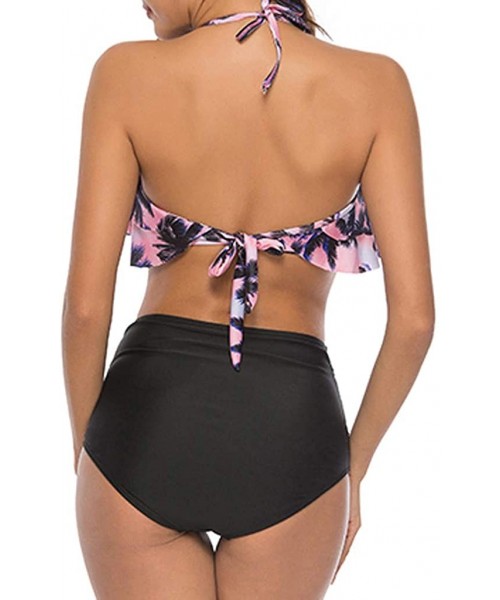 Sets Women Bikini Plus Size Ruffle Lotus Leaf Print High Waist Split Two Piece Swimsuits Set - Pink 3*&* - CY18S7OE2N8