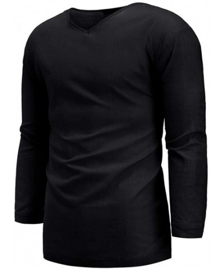 Rash Guards Men's Shirts Summer New Pure Color Cotton and Linen Hemp Top Comfortable Blouse Top - Black - CD18WLQN33U