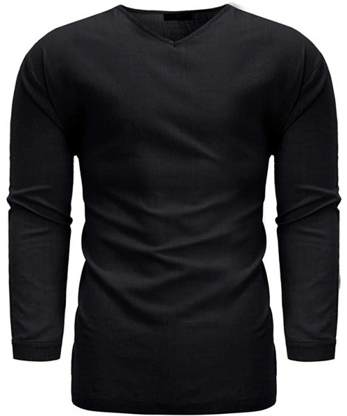 Rash Guards Men's Shirts Summer New Pure Color Cotton and Linen Hemp Top Comfortable Blouse Top - Black - CD18WLQN33U