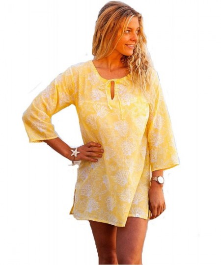 Cover-Ups 100% Pure Soft Cotton Designer Tunic Top Swimsuit Bikini Beach Cover-Up Cool Loose Comfortable - Coral Reef Lemon -...