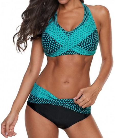 Sets Women Polka Print Tankini Bathing Suit Push-up Boho Beach Swimsuit Bikini Swimwear Plus Size Beachwear - Green - CU190EK...